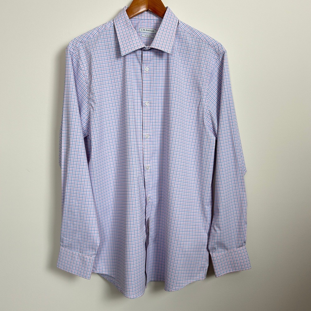 J.M. Haggar‎ Slim Fit Dress Shirt 16-16½ 34/35 Pink Blue Tattersall NWT